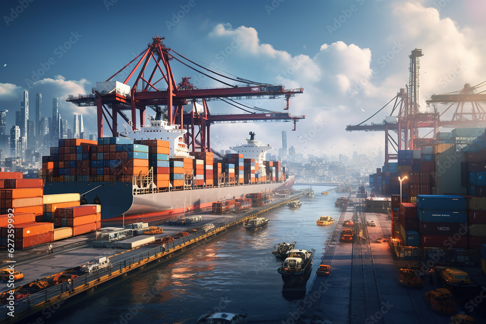 Fototapeta premium Container ships docking at a busy port