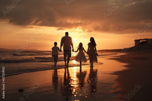Happy family walking at the beach at sunset