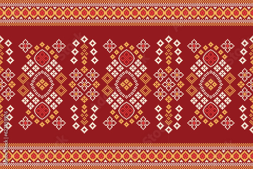 Ethnic geometric fabric pattern Cross Stitch.Ikat embroidery Ethnic oriental Pixel pattern red background. Abstract,vector,illustration. Texture,clothing,frame,decoration,motifs,silk wallpaper.