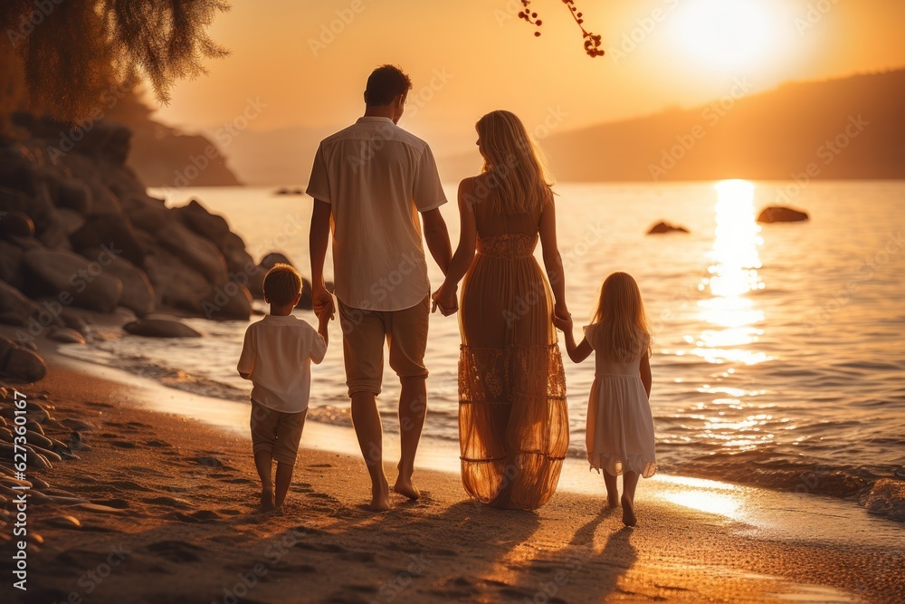 Happy family walking at the beach at sunset