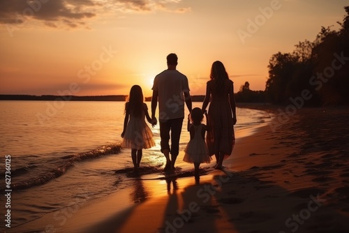Happy family walking at the beach at sunset
