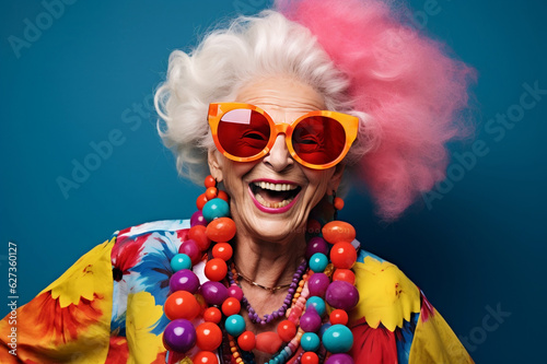 smiling old lady with sunglasses and colorful blouse, explosive pigmentation, playful poses, bold, colorful, large-scale, pop inspo