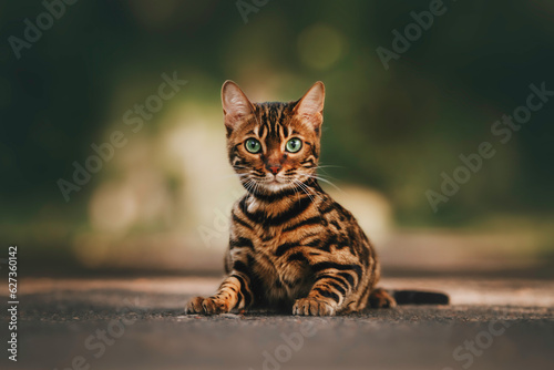 Bengal cat on a beautiful summer street
