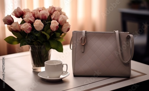 Modern elegant leather bag on coffee table