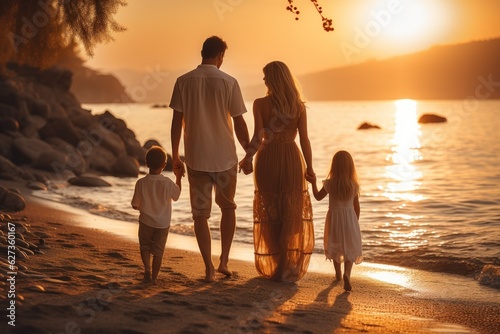 Happy family walking at the beach at sunset