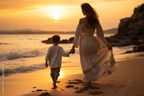 Happy family walking at the beach at sunset