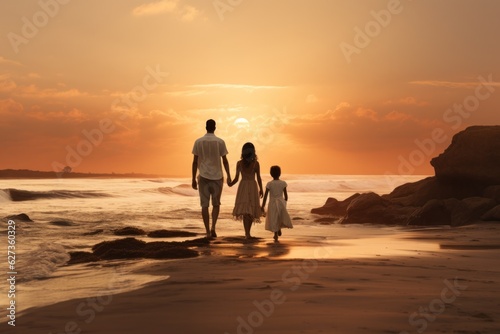Happy family walking at the beach at sunset © olegganko