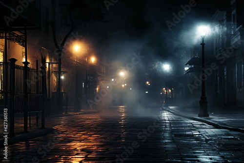 Abstract light amidst the dark, smoky streets. Ideal for photographers, urban explorers, and creatives seeking atmospheric scenes. Generative AI