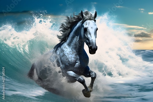 a horse is running in the sea