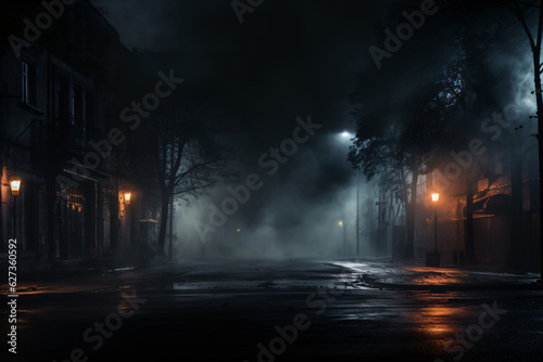 Abstract light amidst the dark, smoky streets. Ideal for photographers, urban explorers, and creatives seeking atmospheric scenes. Generative AI
