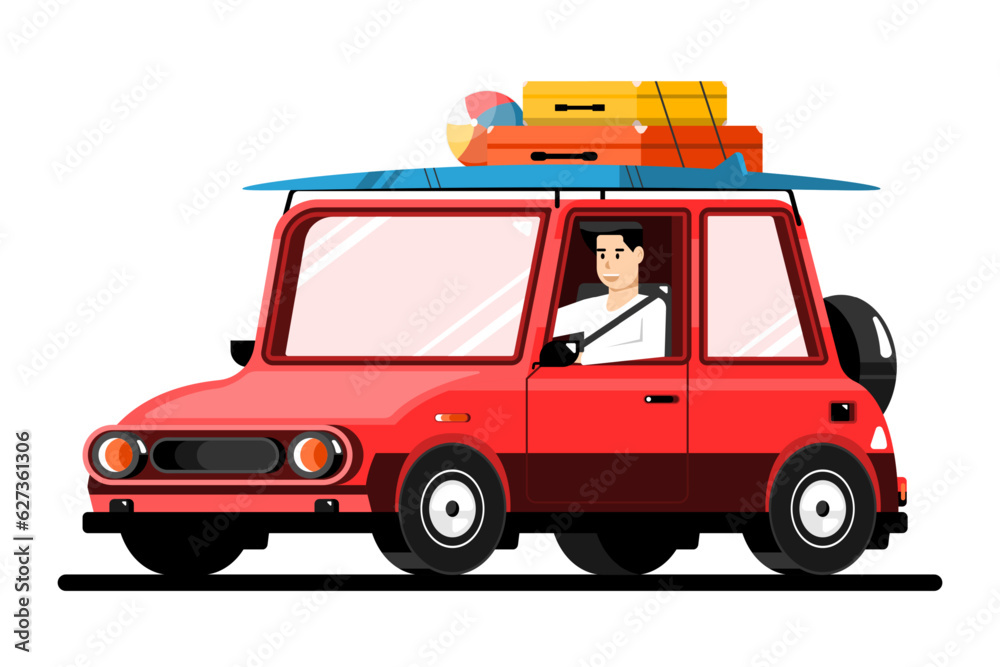 Man driving on personal car, Travel car to summer on isolated background, Digital marketing illustration.