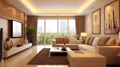Brown beige modern living room. Generative ai