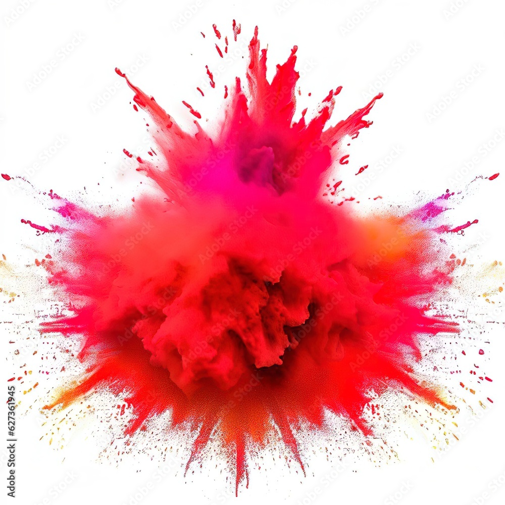 bright red holi paint color powder festival explosion burst isolated white background.