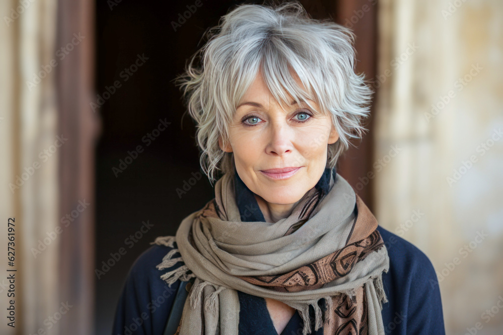Portrait of a senior woman wearing a scarf outdoors.