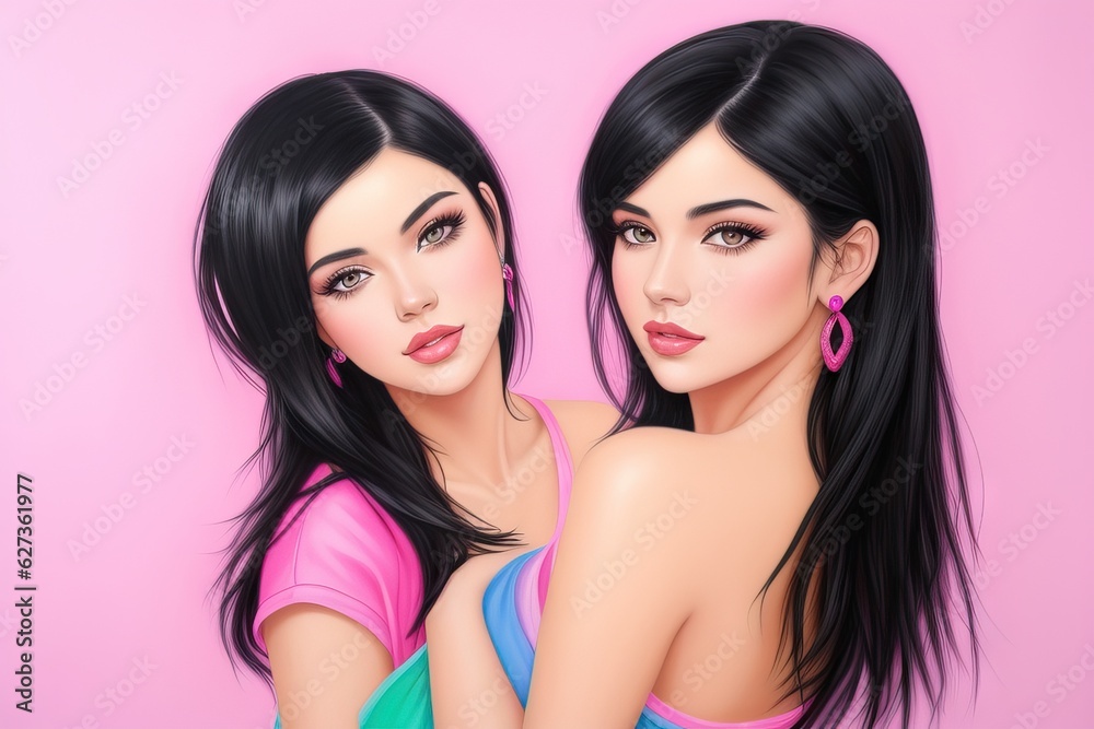 Portrait of two happy beautiful young brunette women with long bouncy curles hairstyle and professional make up on, posing over colorful background. Fashion of young gorgeous female. Generative AI Portrait of two happy beautiful young brunette women with long bouncy curles hairstyle and professional make up on, posing over colorful background. Fashion of young gorgeous female. Generative AI