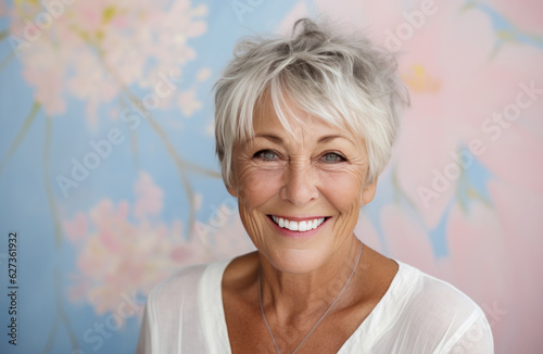 Senior woman with short hair posing against a floral print wall.
