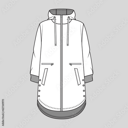 Zipper Long hoodie Sweatshirt pullover  round dip hem side slit with metal buttons side pocket and zipper pocket details drawstring  flat sketch technical drawing design vector