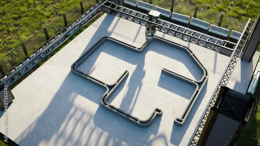 3d printing single-family house with concrete, timelapse video. New technology house building using a modern CNC machine. 3d render