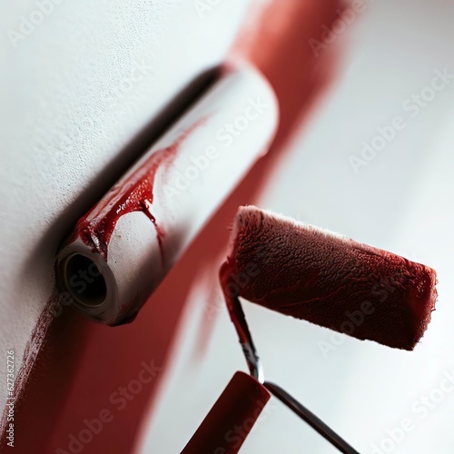 Close up of Roller painting a white wall with red paint