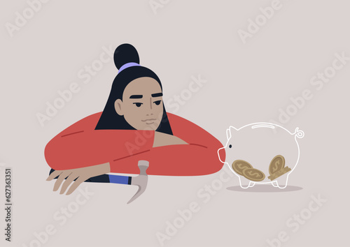 A young Asian character deliberating whether breaking a piggy bank is necessary to fulfill their financial plans
