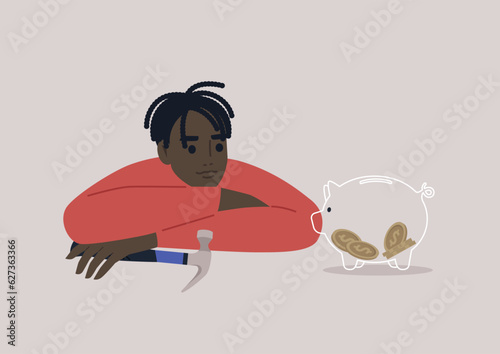 A young African character deliberating whether breaking a piggy bank is necessary to fulfill their financial plans