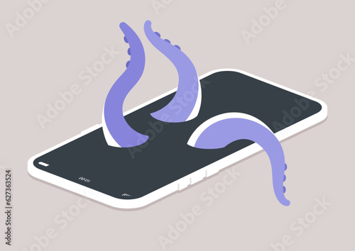 A mobile phone with octopus tentacle spreading out of the screen, a social media addiction, ethics in new technologies
