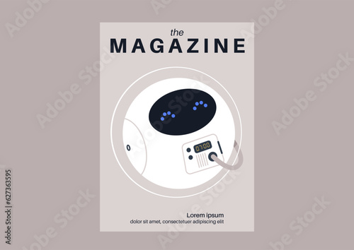 Tech magazine cover, a cute astronaut robot portrait, new technologies and modern lifestyle