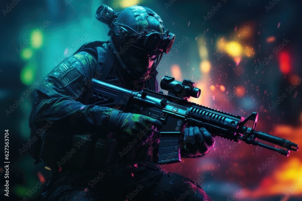 Naklejka premium Soldier with full combat gear in night mission. Generative AI