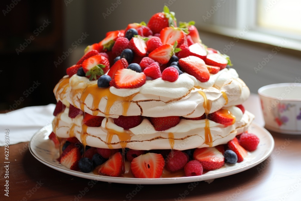 Pavlova cake topped with fruit. Generative AI