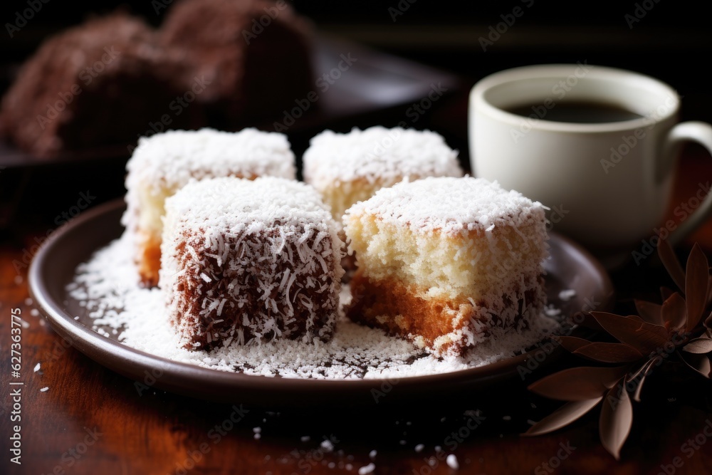Lamingtons, sponge cake with chocolate and coconut. Generative AI Lamingtons, sponge cake with chocolate and coconut. Generative AI