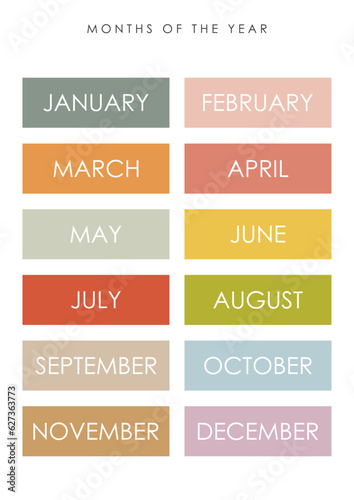 Months of the Year illustration, educational material, kids vector, kindergarten illustration, classroom poster, educational wall art, preschool design, shapes vector