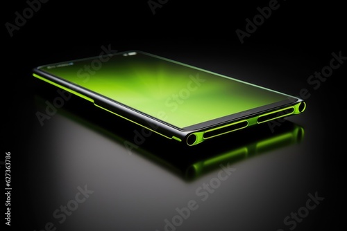 A sleek, modern smartphone, illuminated with green light. Generative AI