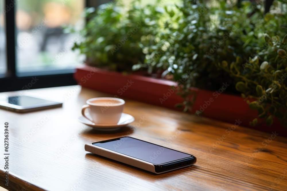 Smartphone or mobile phone on the table. Generative AI Smartphone or mobile phone on the table. Generative AI