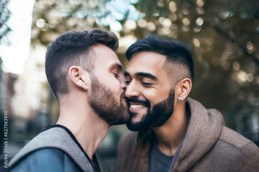 Fototapeta premium HAPPY GAY COUPLE IN THE PARK. AI ILLUSTRATION. COLOR. HORIZONTAL.