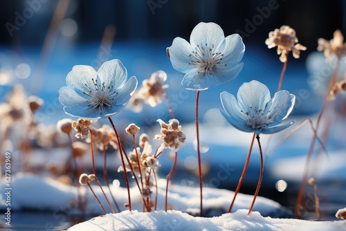 Winter scenery with frosty ice flowers, snow, and crystals. Generative AI photo