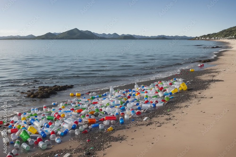 Plastic water bottles pollution in ocean. Generative AI