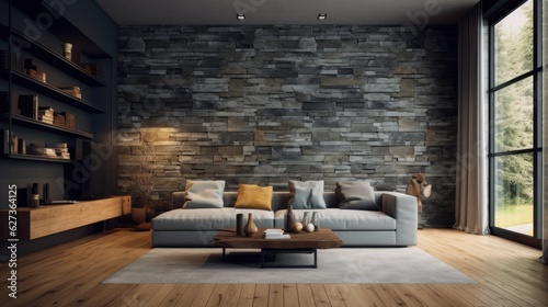 Grey interior wall with a modern sofa. Generative ai © Sechaba