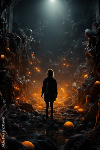 Scary Halloween pumpkin poster, medieval fantasy, epic scenes, pumpkin-filled street at night, photorealistic compositions, detailed backgrounds, AI illustration, digital, virtual, generative