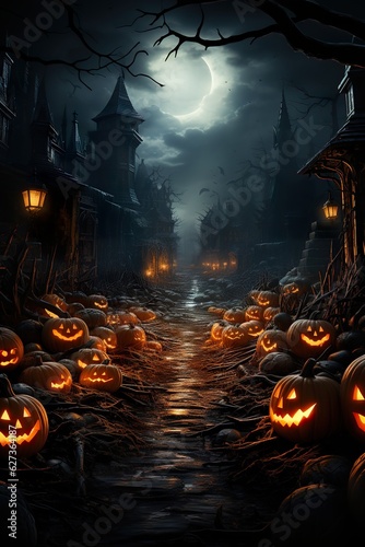 Scary Halloween pumpkin poster, medieval fantasy, epic scenes, pumpkin-filled street at night, photorealistic compositions, detailed backgrounds,  AI illustration, digital, virtual, generative © 9george