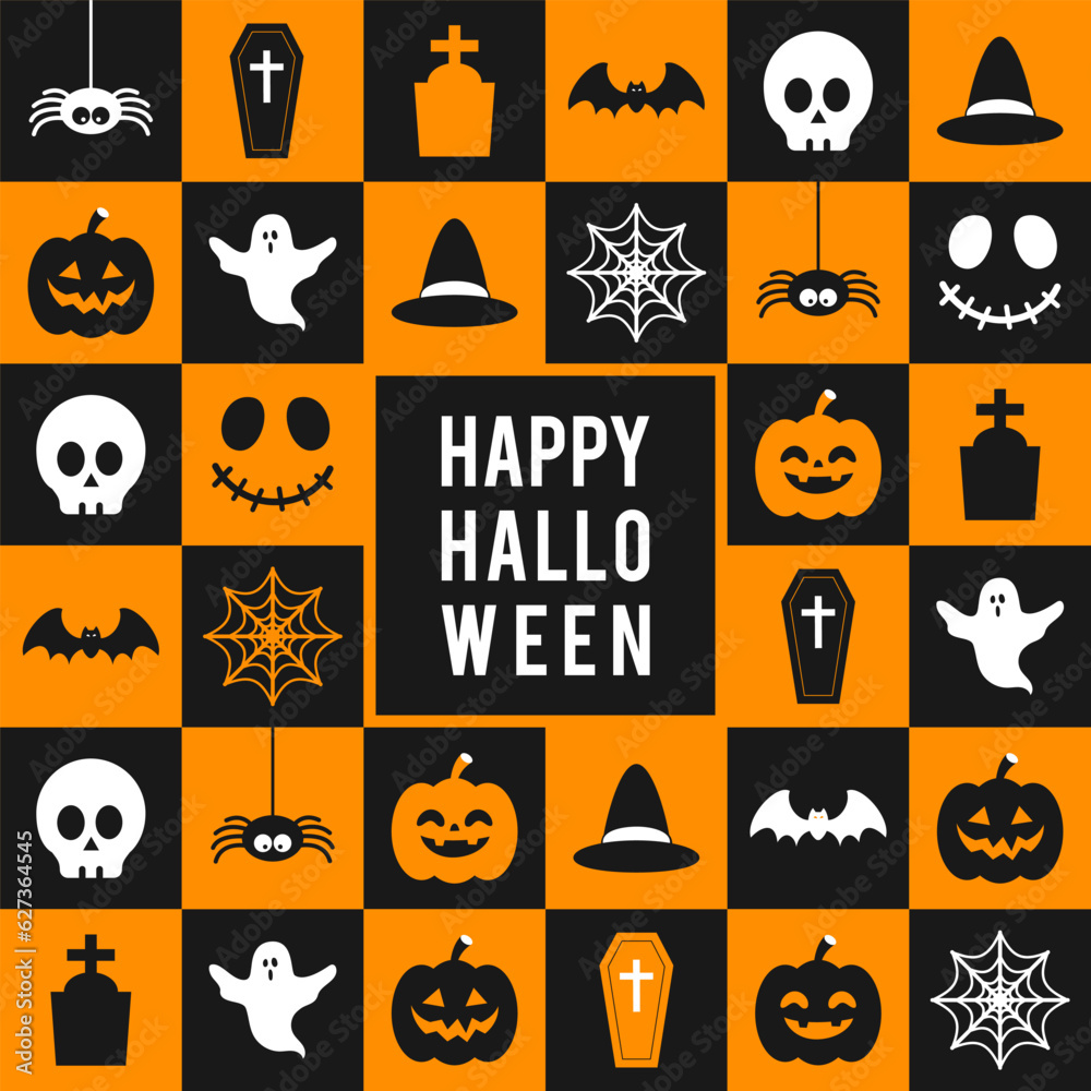 Happy Halloween Checkered Pattern background vector illustration. Halloween icon elements