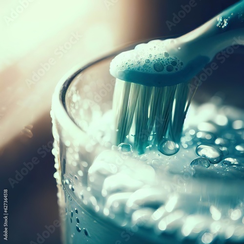 Toothbrush toothpaste bath glass closeup morning.