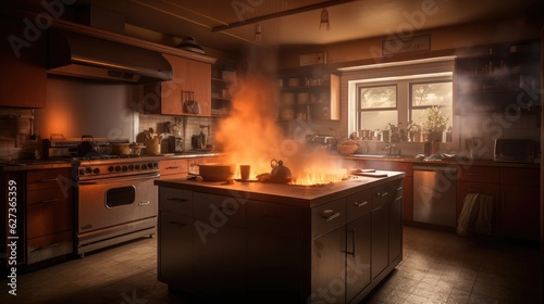 A fire in the kitchen. Created with Generative AI. 