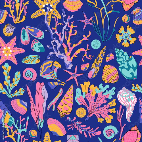 Vector Seaweed coral and algae seamless pattern on dark blue background. Seabed Plants and ocean shell repeat texture for fabric, wallpaper or wrapping paper, cover