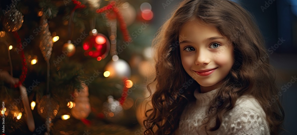 Young girl smiling near decorated Christmas tree, creating warm and festive ambiance. Young girl smiling near decorated Christmas tree, creating warm and festive ambiance.