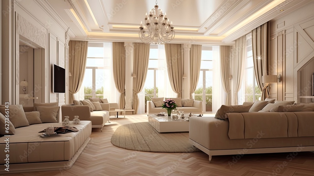 Fototapeta premium Bright beige luxury living room. Generative ai