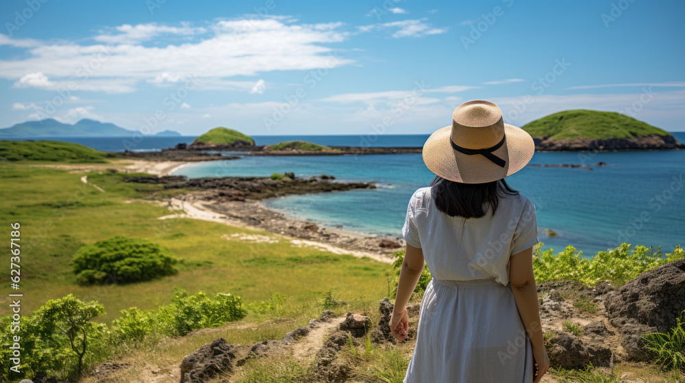 backside of Japanese woman with sea sky and island background. 