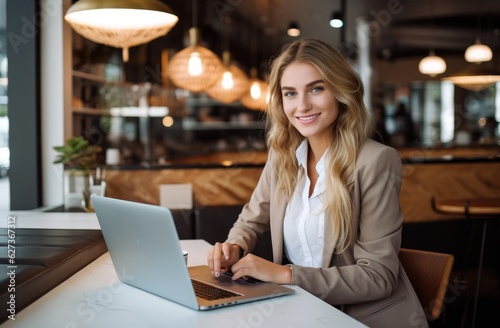  happy young woman smiling at her laptop at a cafe, generative artificial intelligence