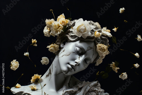 Female face white statue with roses generative ai