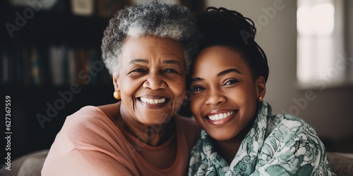 African daughter hugging her mom at home. photo