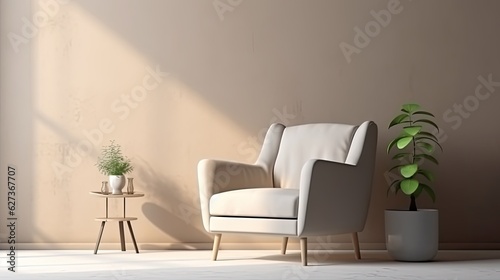 A modern minimalist interior armchair in an empty room. Generative ai